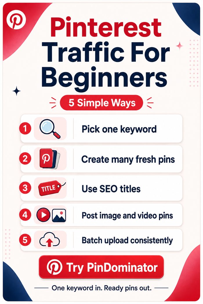 PinDominator promo pin — Pinterest Traffic For Beginners, 4-step system