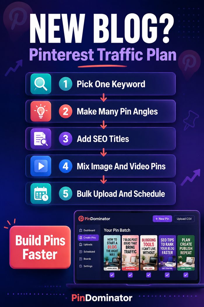 PinDominator promo pin — New Blog? Pinterest traffic plan