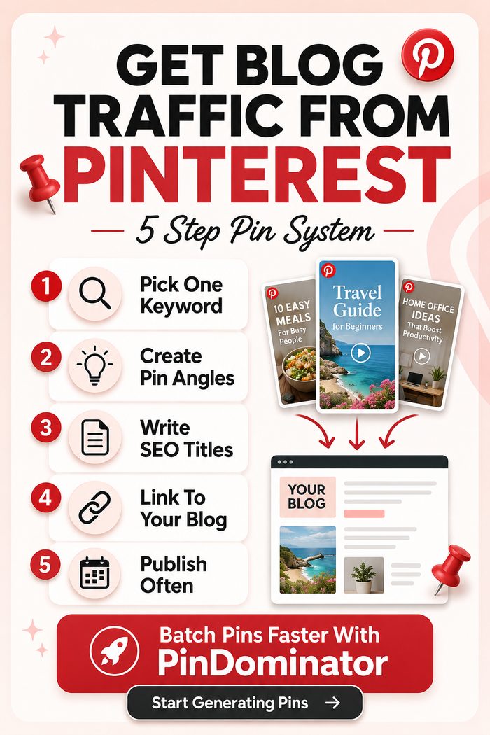 PinDominator promo pin — Get Blog Traffic From Pinterest, 5-step pin system