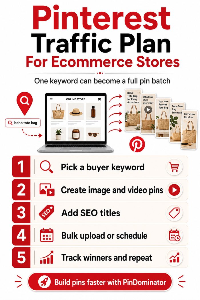 PinDominator promo pin — Pinterest traffic plan for ecommerce stores