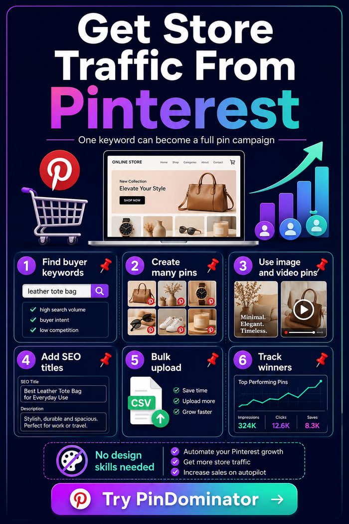 PinDominator promo pin — get store traffic from Pinterest