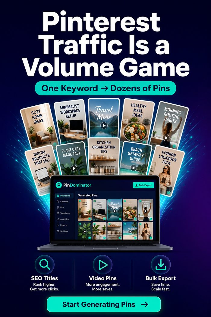 PinDominator promo pin — Pinterest traffic is a volume game