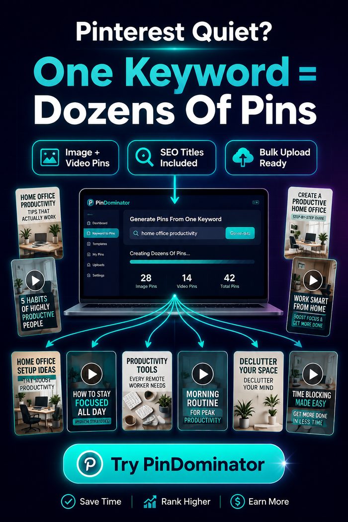 PinDominator promo pin — Pinterest quiet? One keyword fixes it