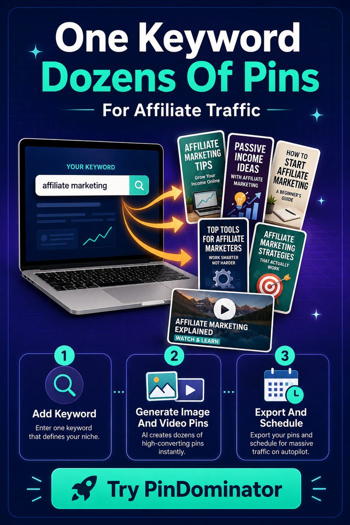 PinDominator promo pin — one keyword, dozens of pins for affiliate traffic